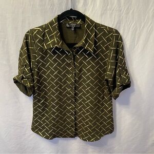 Corporate Metallic Geometric Short Sleeve Cuffed Button Down Shirt Small Office